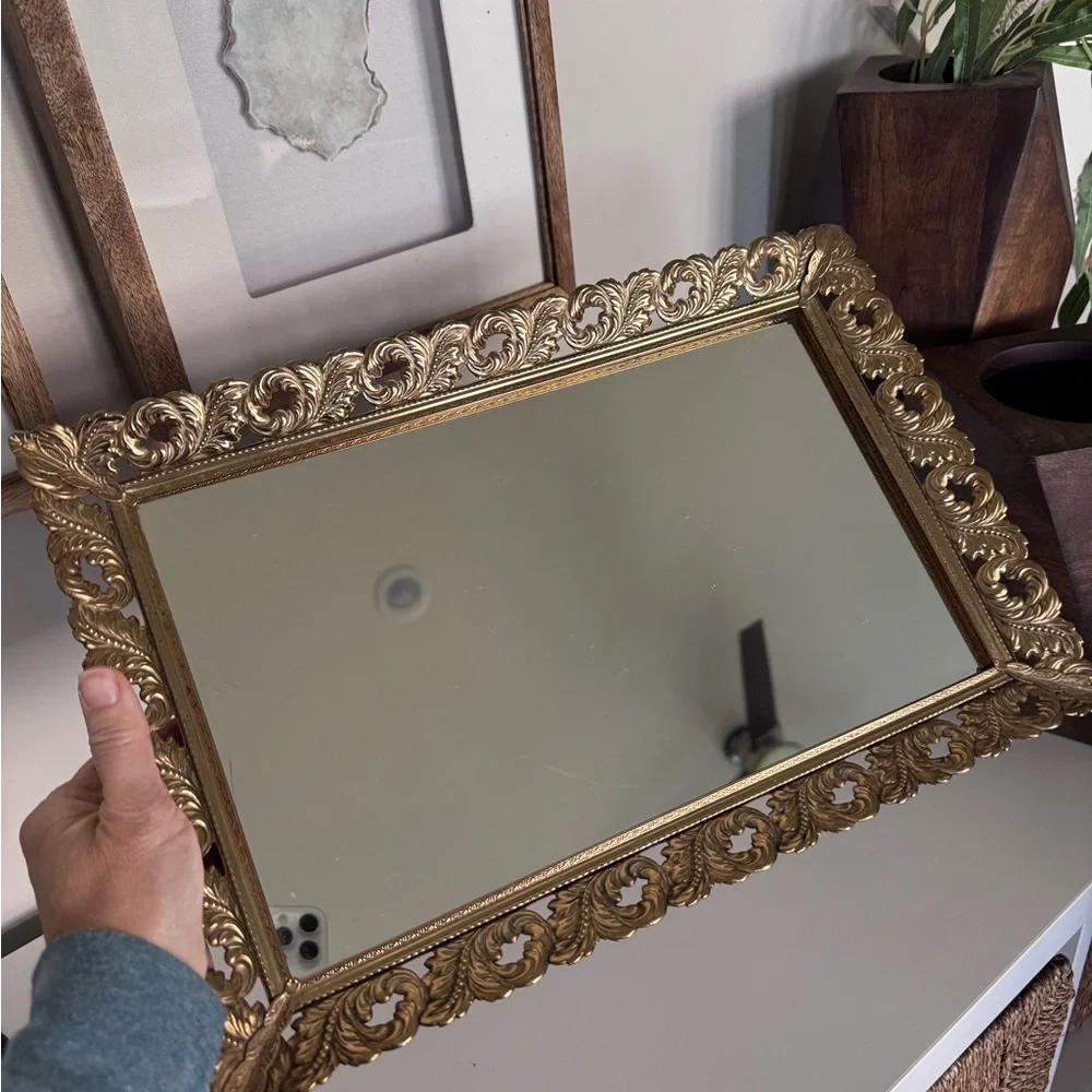 Vintage Mirrored Brass Vanity Tray 15 x 10